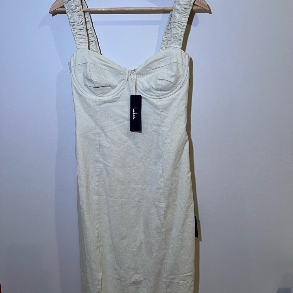 LuLus Amyra Cream Cap Sleeve Bustier Midi Wedding Bridal Dress NWT - Picture 4 of 13